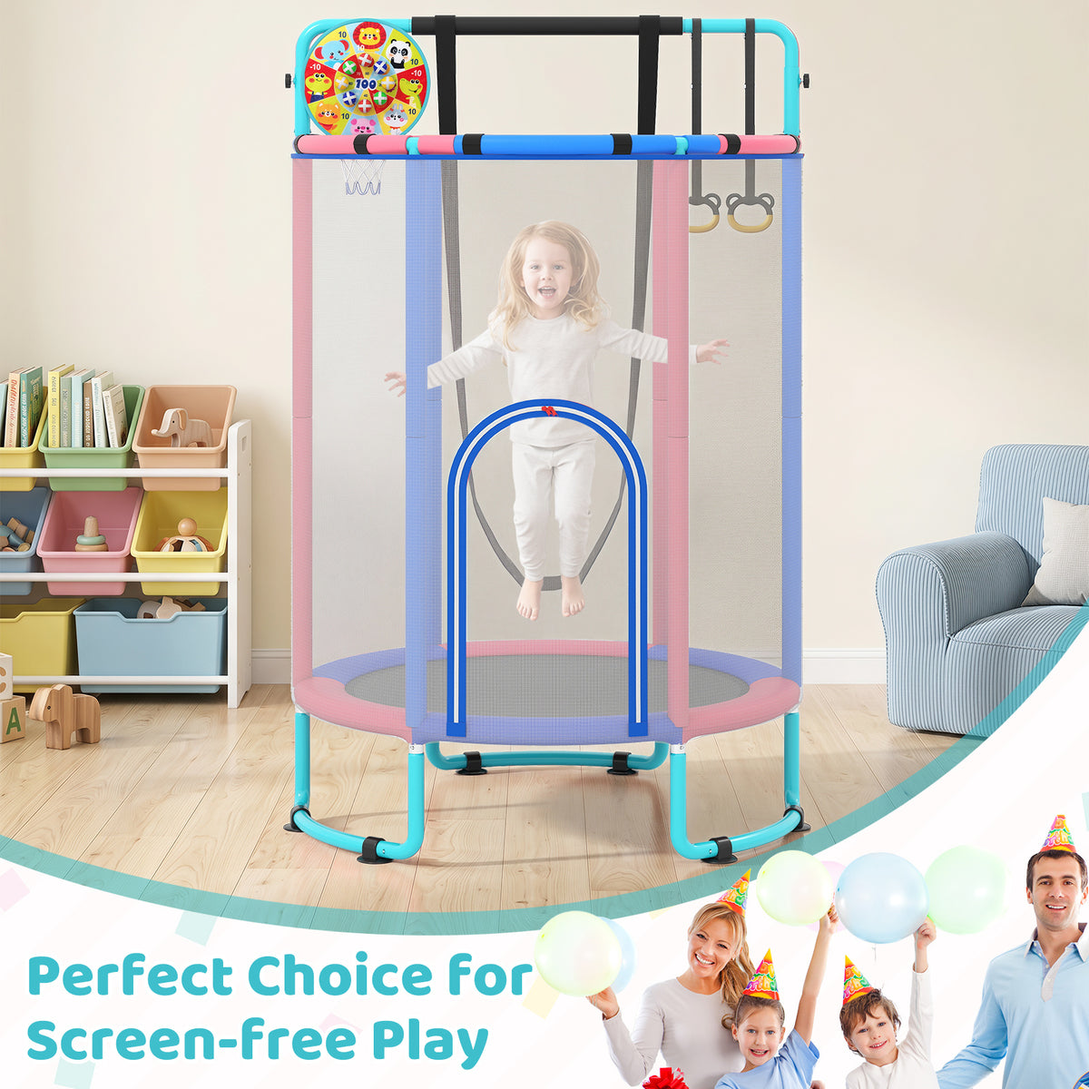 The kids trampoline in a room with a happy family celebrating with balloons nearby