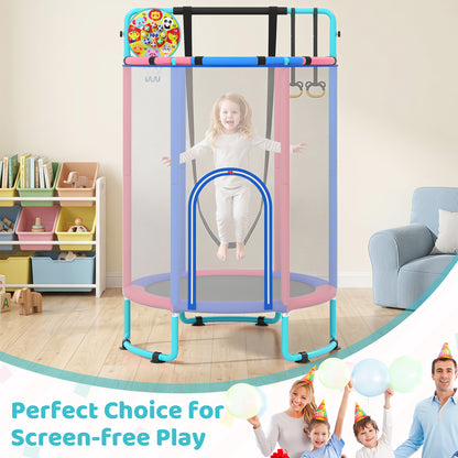 The kids trampoline in a room with a happy family celebrating with balloons nearby