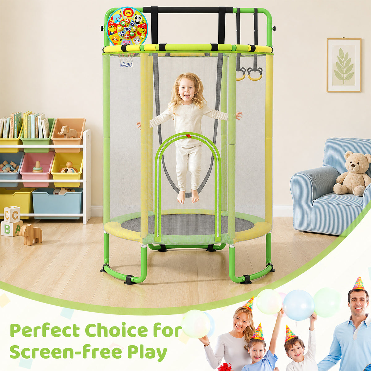 Family enjoying the kids trampoline indoors for screen-free play