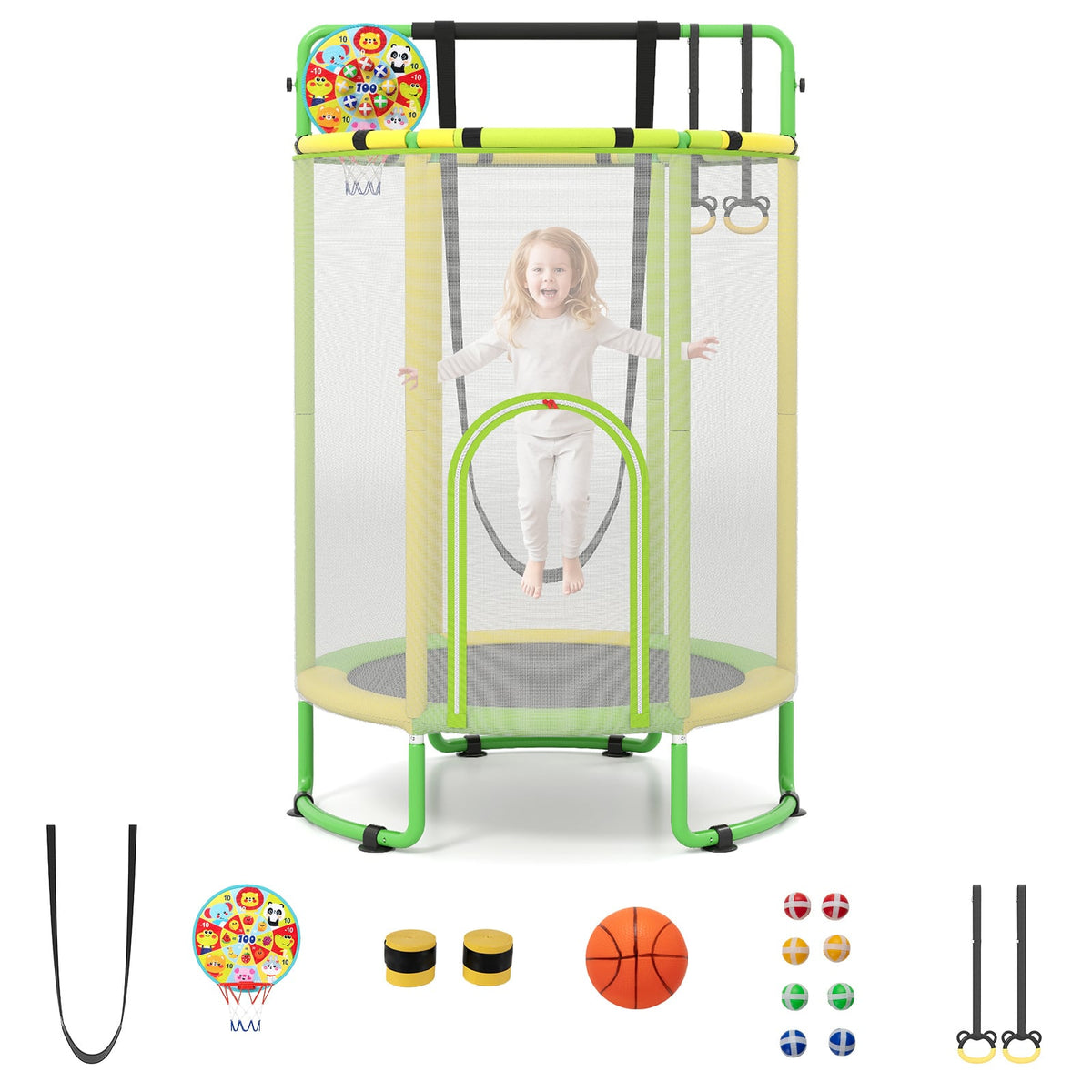 6-in-1 Kids Trampoline with swing and gymnastic bar in yellow and green