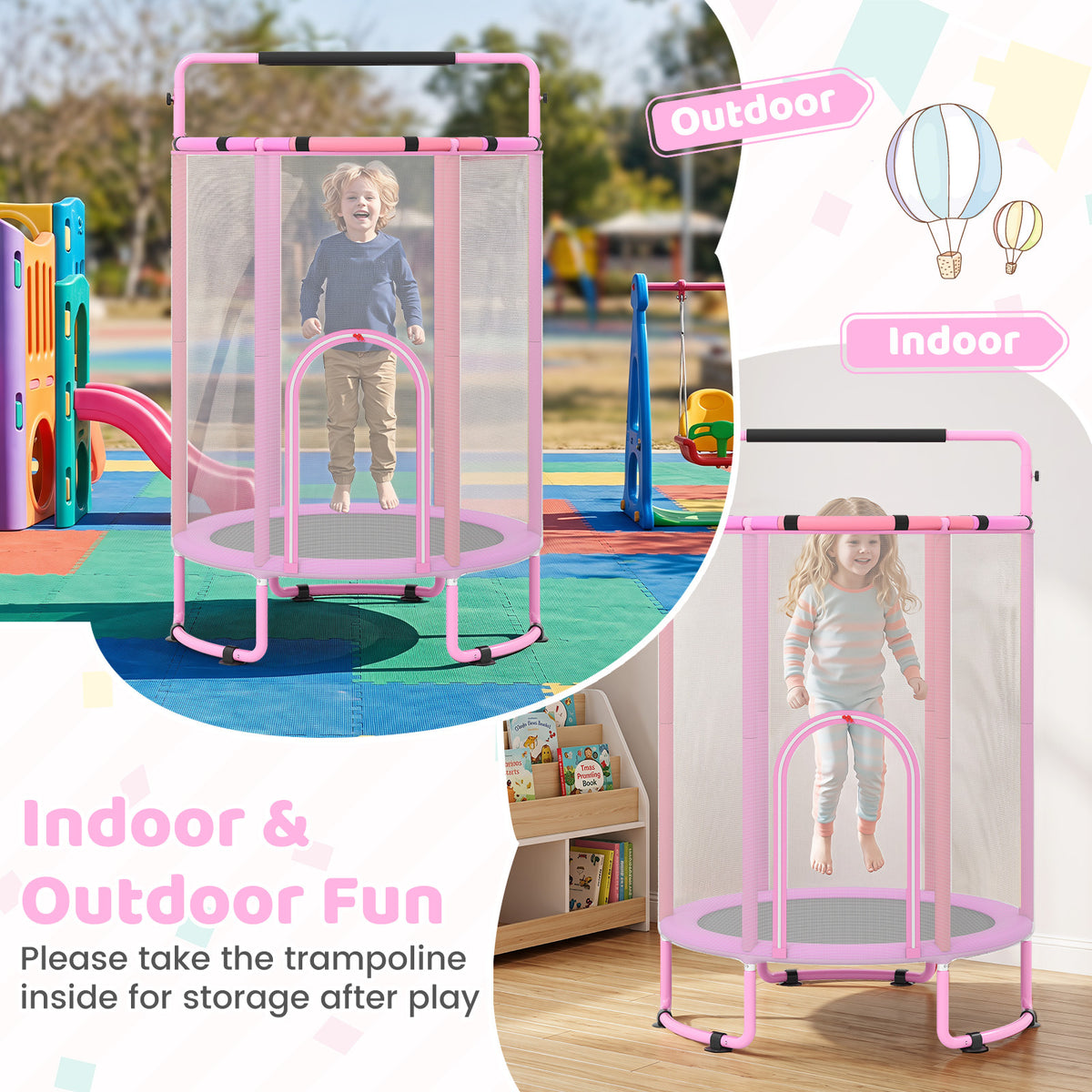 The purple kids trampoline is suitable for indoor and outdoor fun, with children playing
