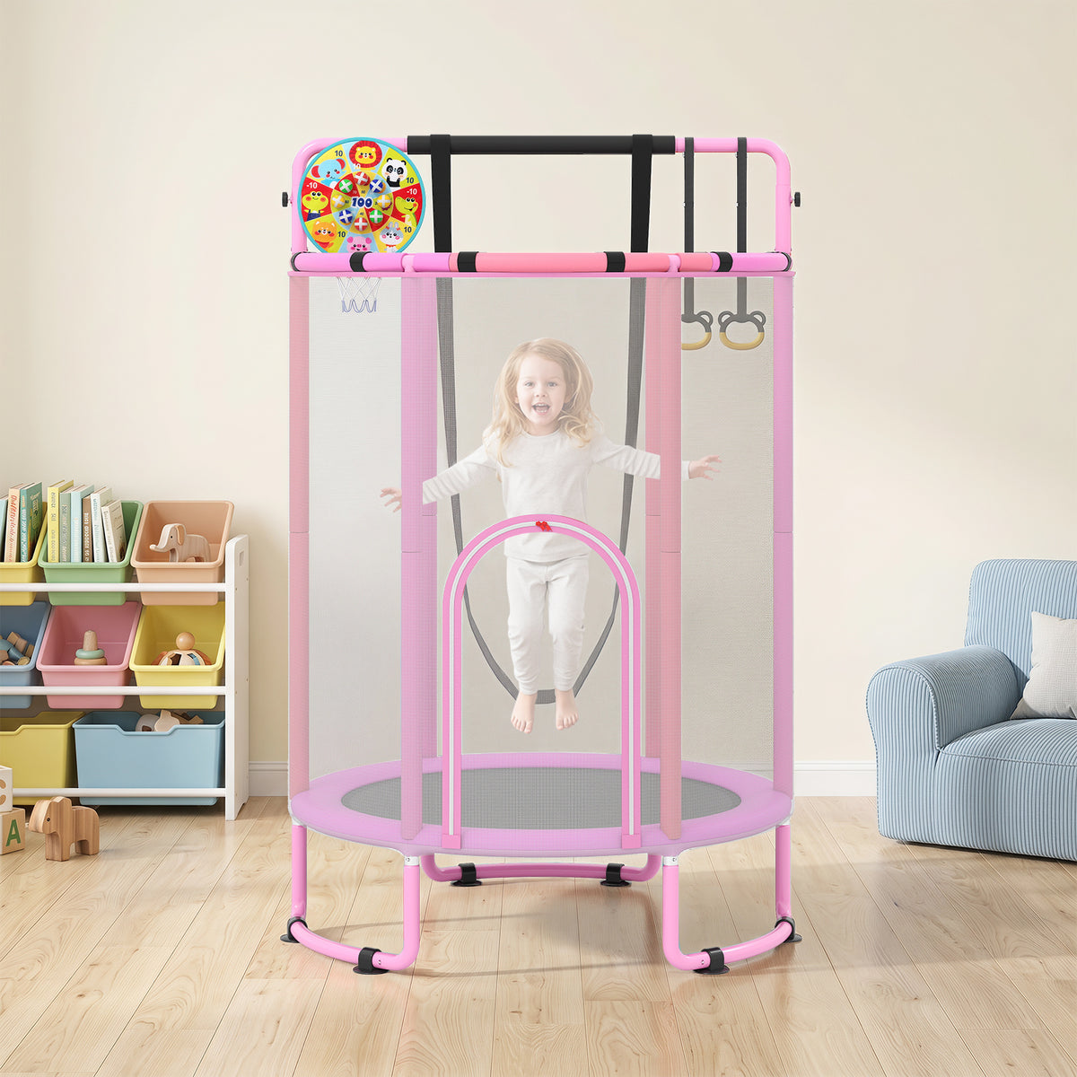 Purple kids trampoline with swing and basketball hoop, shown indoors with toys and furniture
