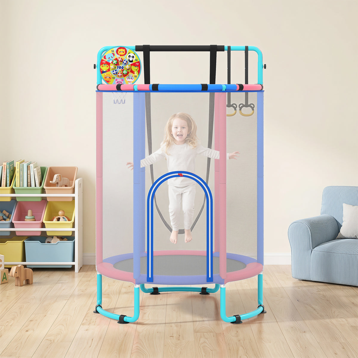 The kids trampoline set up in a bright playroom with a child jumping inside the enclosure