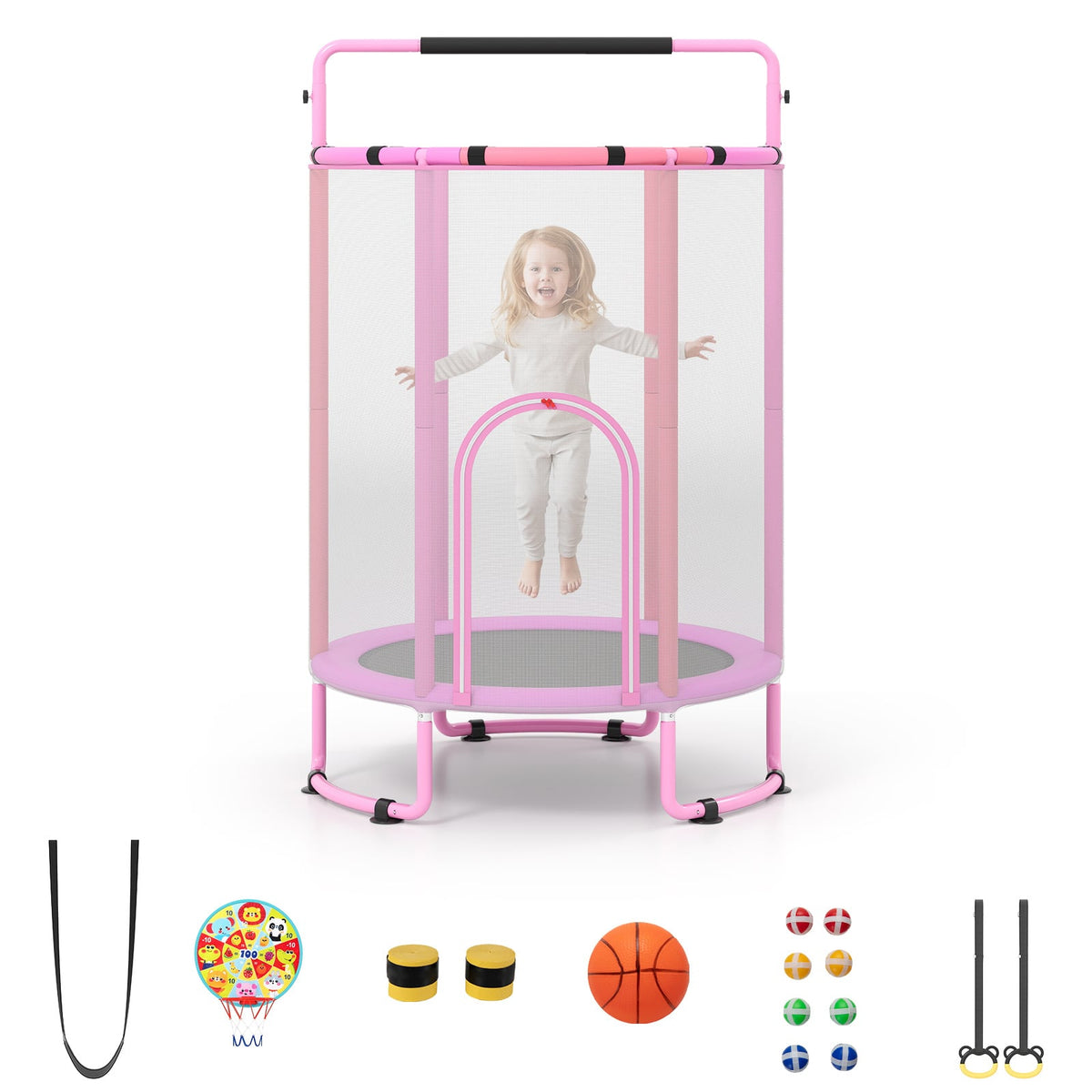 6-in-1 Kids Trampoline in purple with safety net and accessories including basketball and dartboard