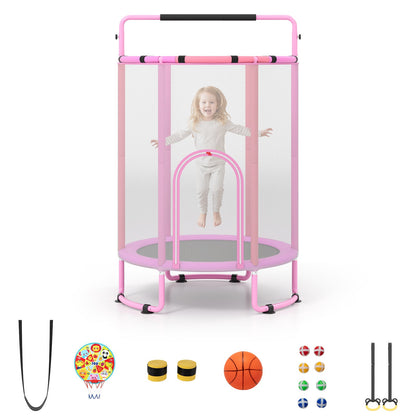 6-in-1 Kids Trampoline in purple with safety net and accessories including basketball and dartboard