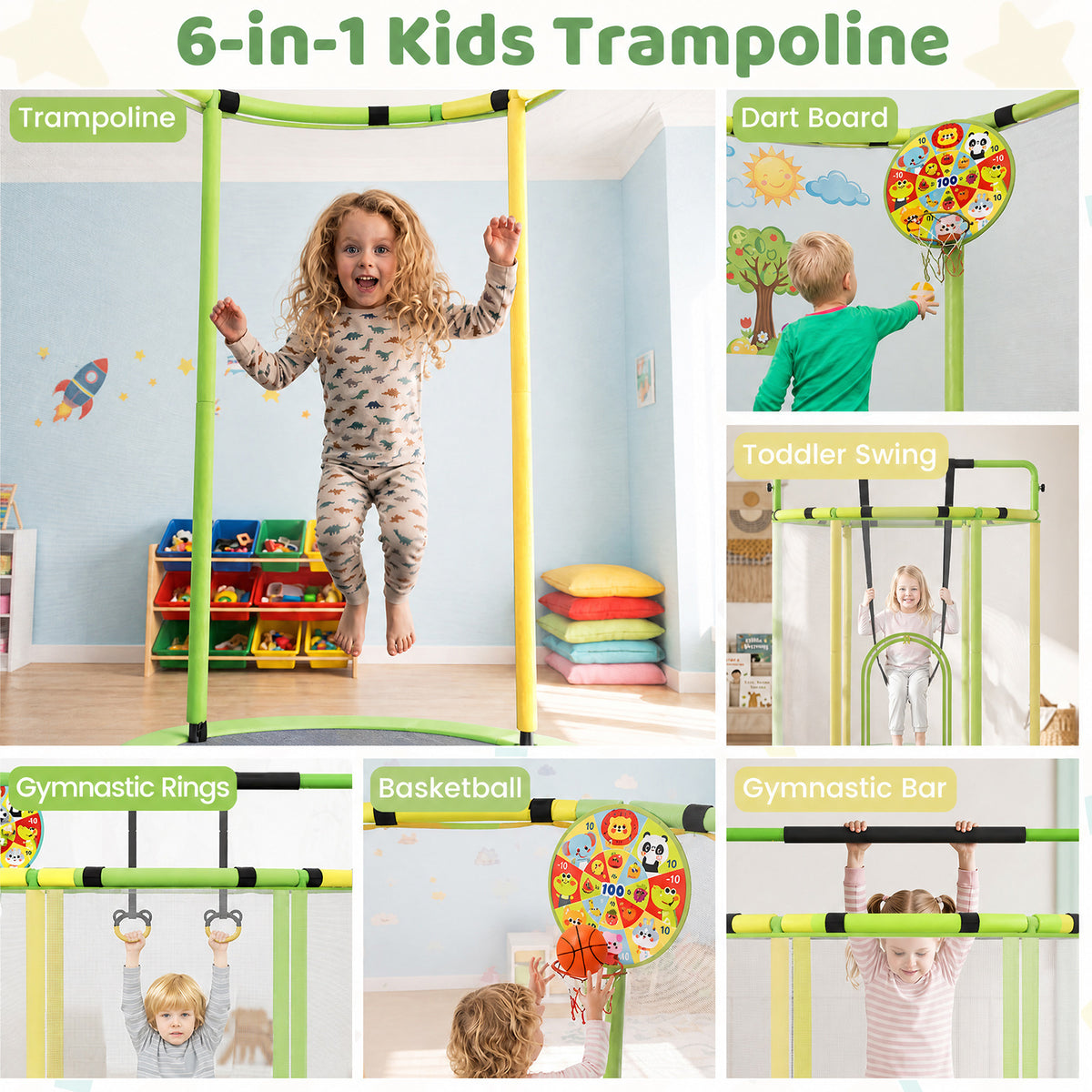 Collage showing the different play options of the kids trampoline