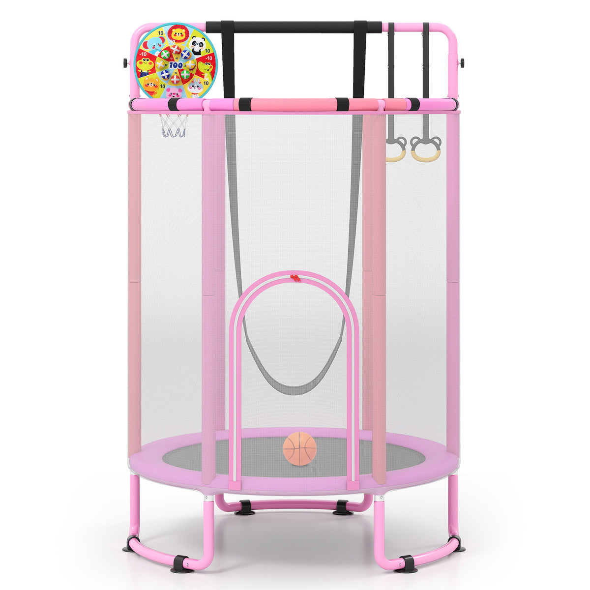 The purple kids trampoline with a swing and basketball hoop, with a child jumping inside