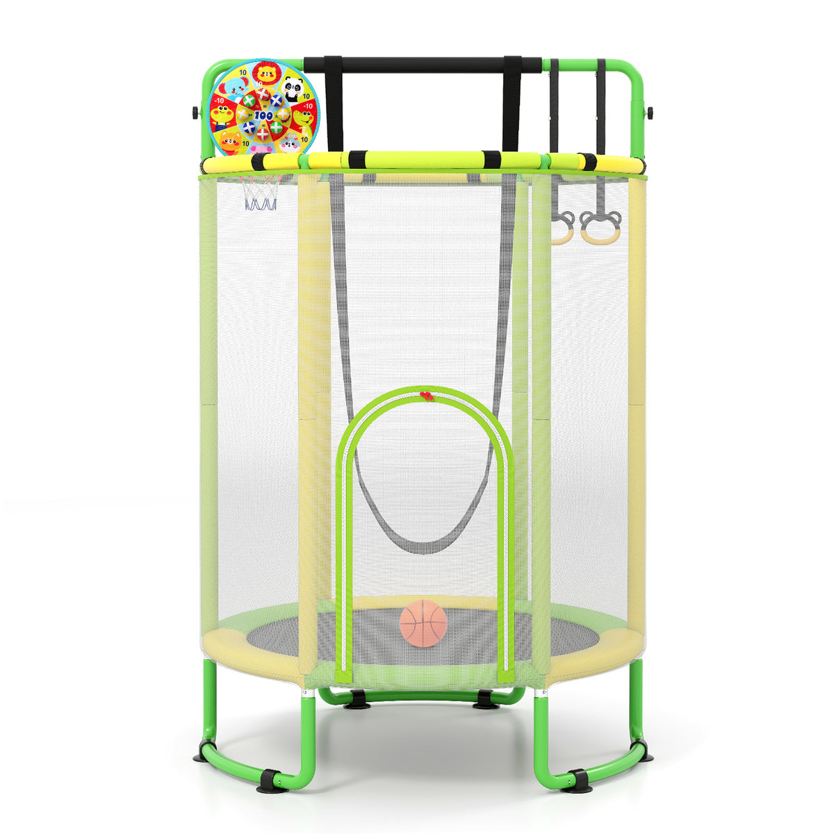 The yellow and green kids trampoline with safety net and accessories