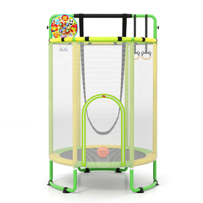 The yellow and green kids trampoline with safety net and accessories