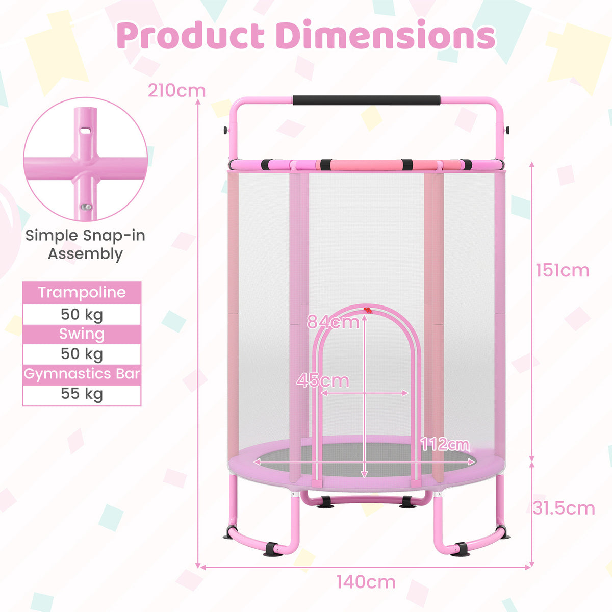 Product dimensions diagram for the purple kids trampoline, showing height and width measurements