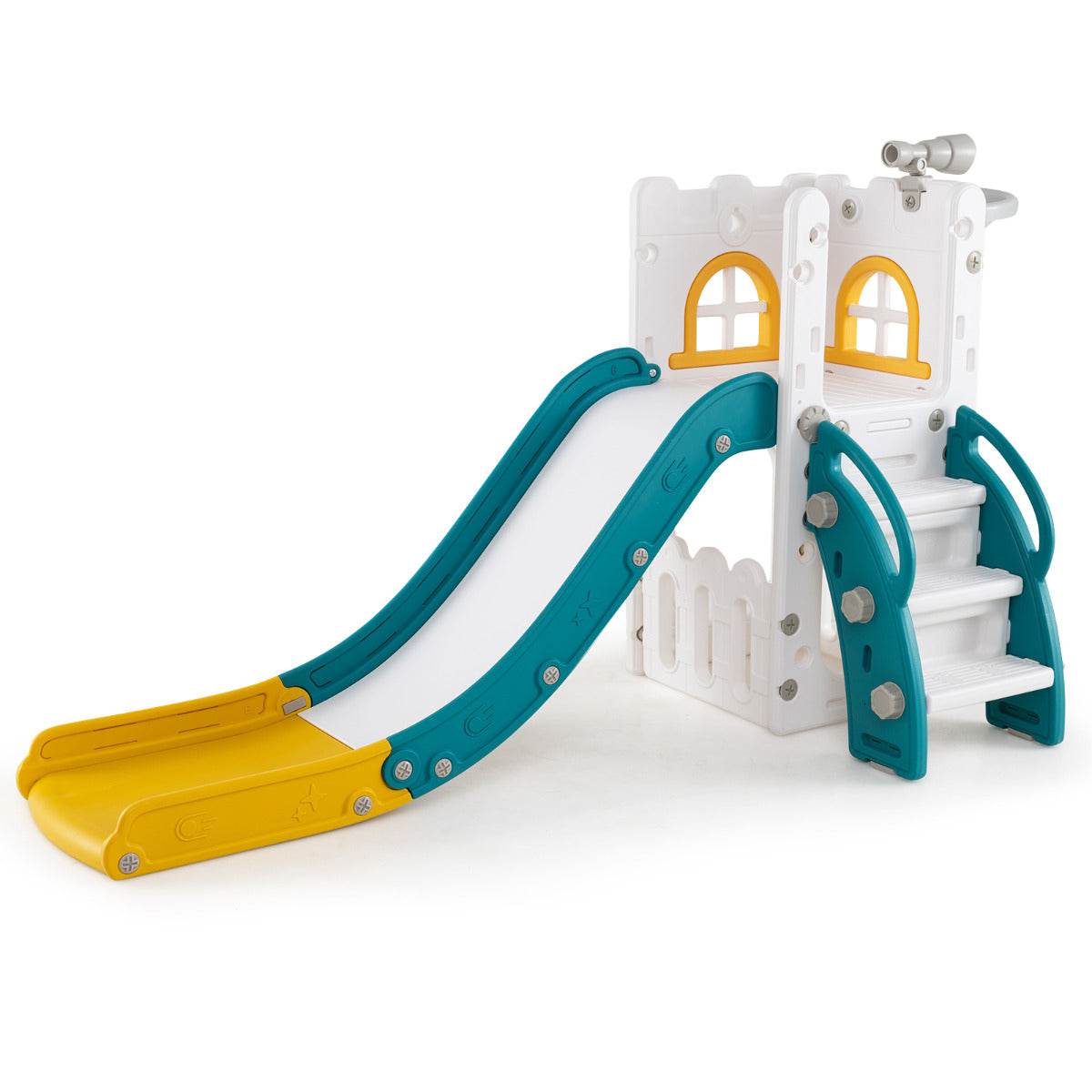 6 in 1 L-shaped Toddle Slide with basketball hoop and telescope in yellow and white