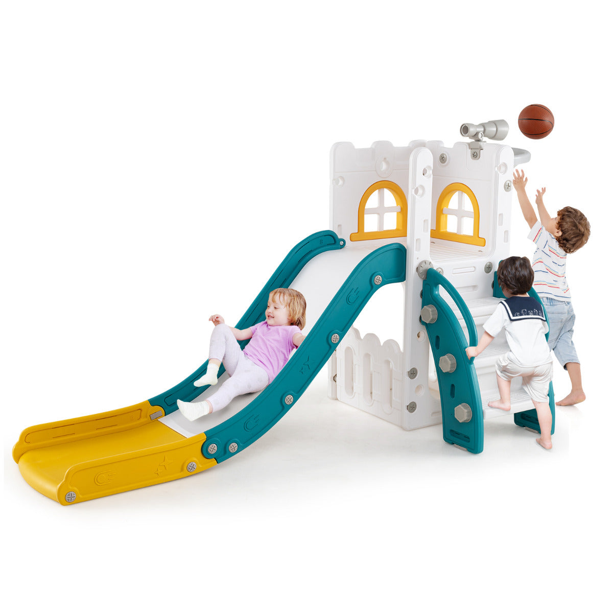Children using the L-shaped toddler slide with basketball hoop