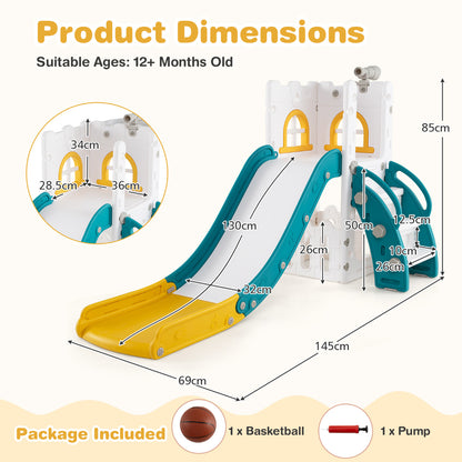 Dimensions diagram for the L-shaped toddler slide with package contents