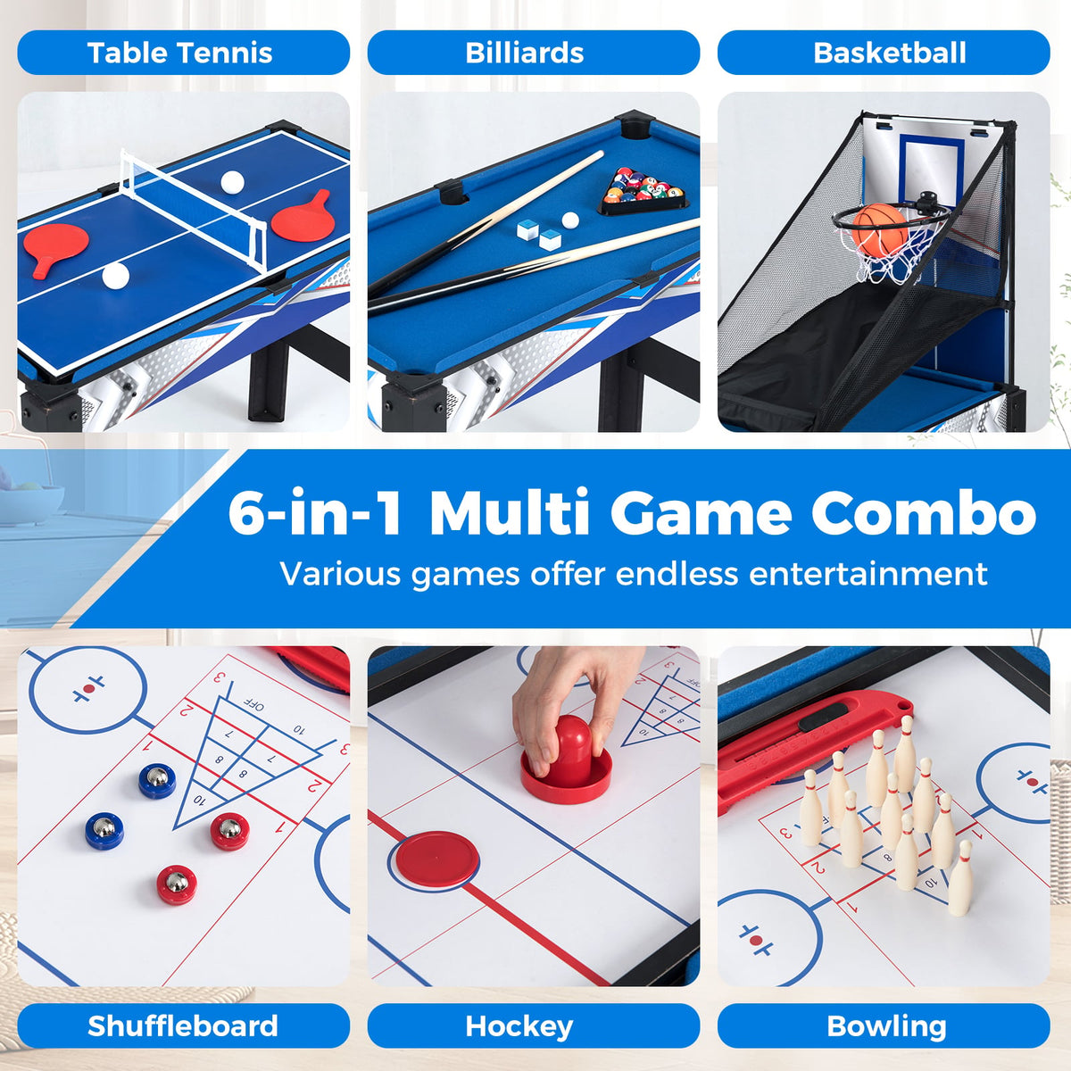 The game table featuring six different game modes including table tennis and bowling