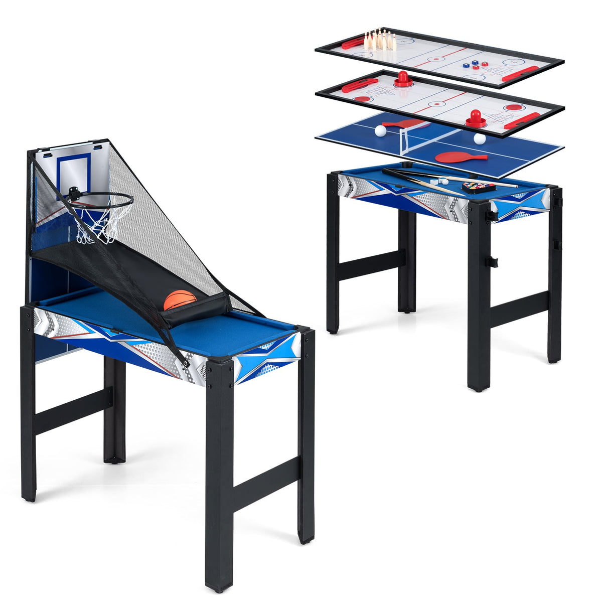 6-In-1 Multi Game Table shown with basketball hoop and stacked game boards for various activities