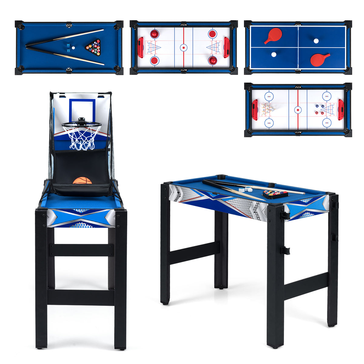 The game table shown from multiple angles with different game surfaces and accessories