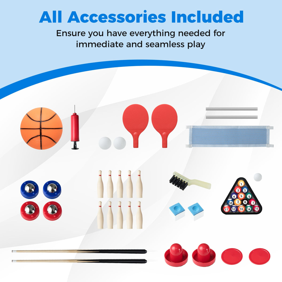 The game table accessories including balls, cues, bats, and pins laid out on a white surface