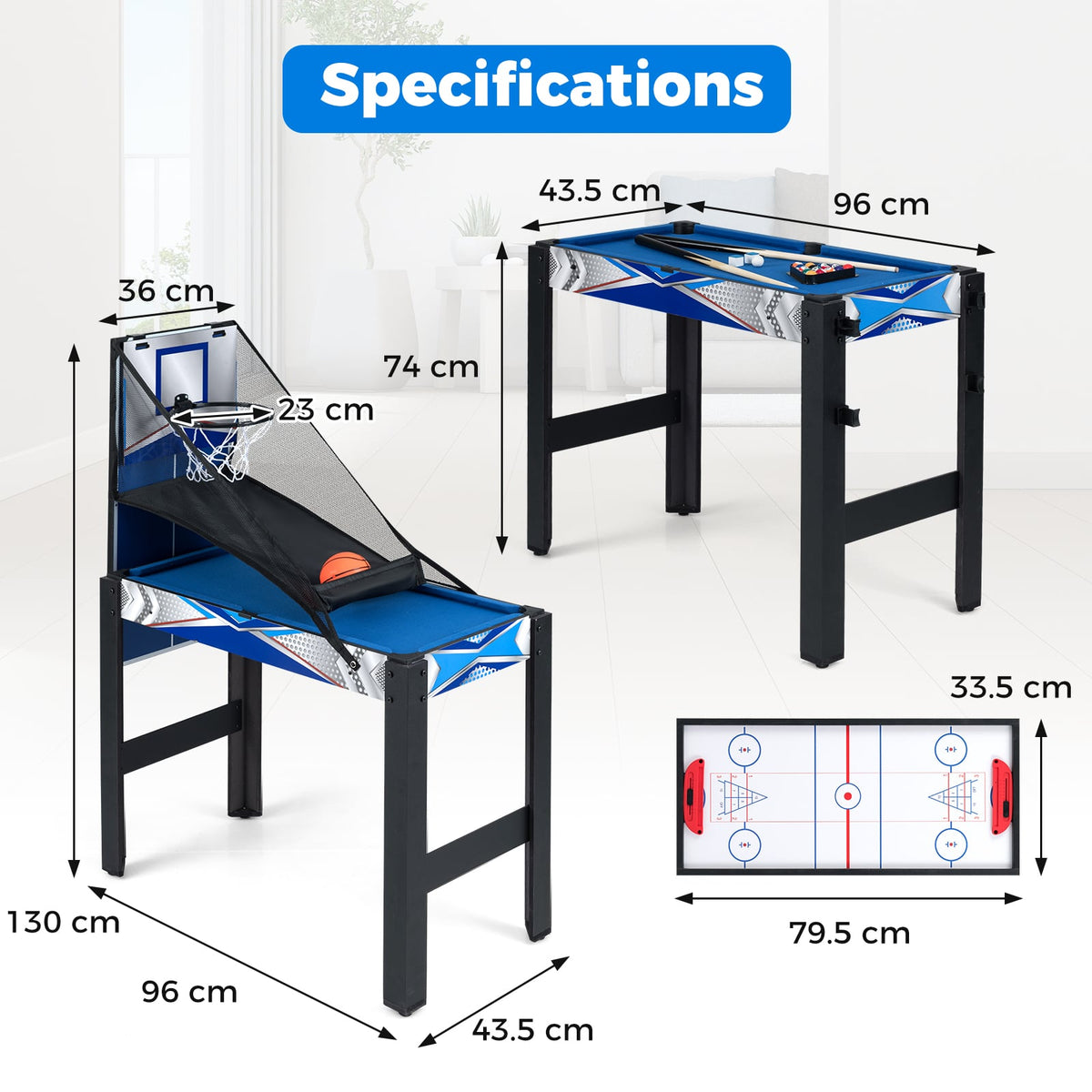 The game table with dimension labels showing the height and width of the various setups