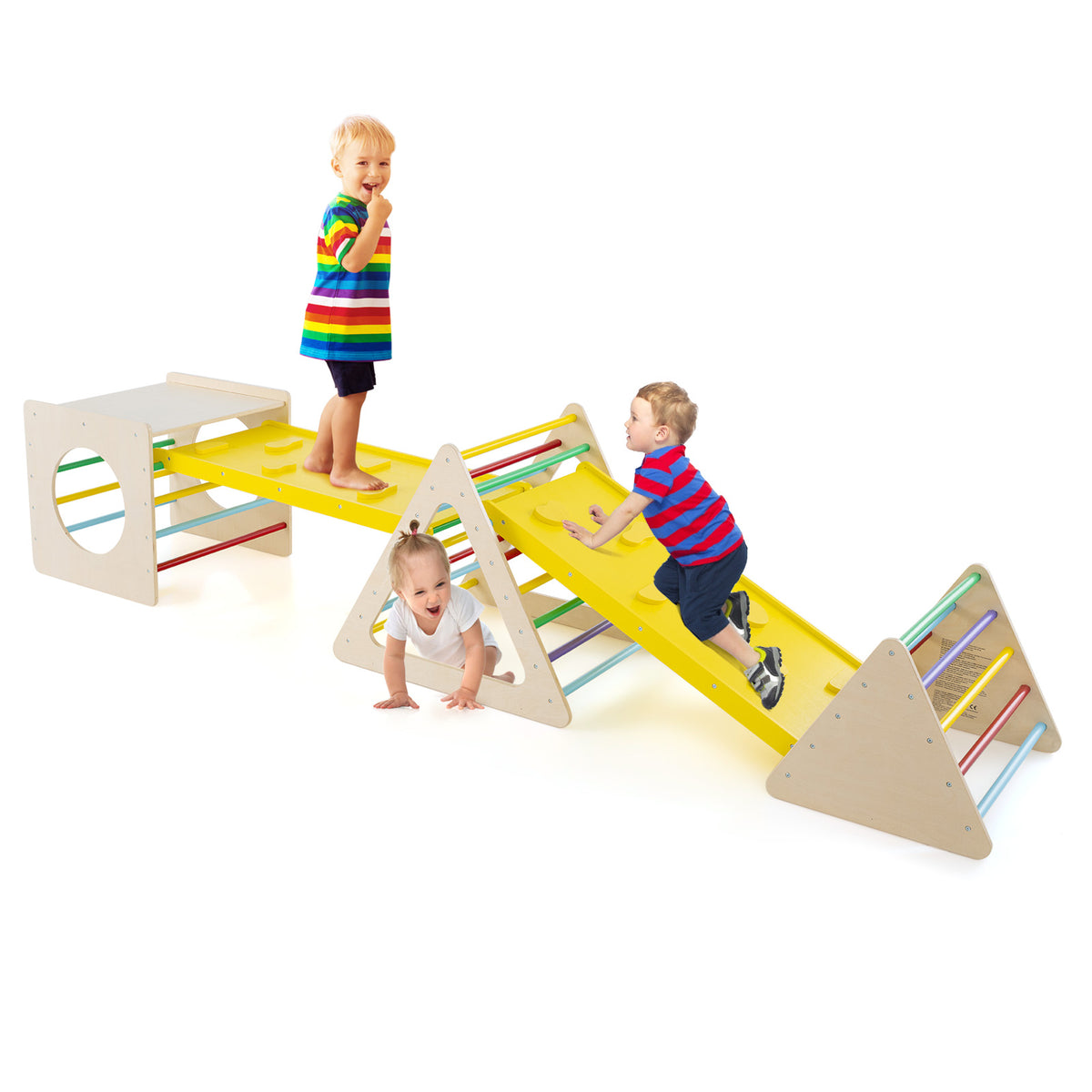Active toddlers climbing and sliding on a natural wood play set