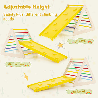 Adjustable height for the yellow slide on the climbing frame set