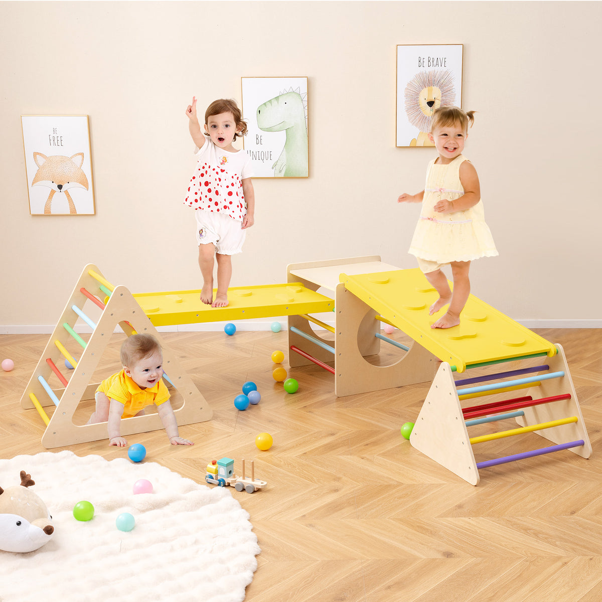 Children playing on a wooden climbing frame with a yellow slide in a bright room