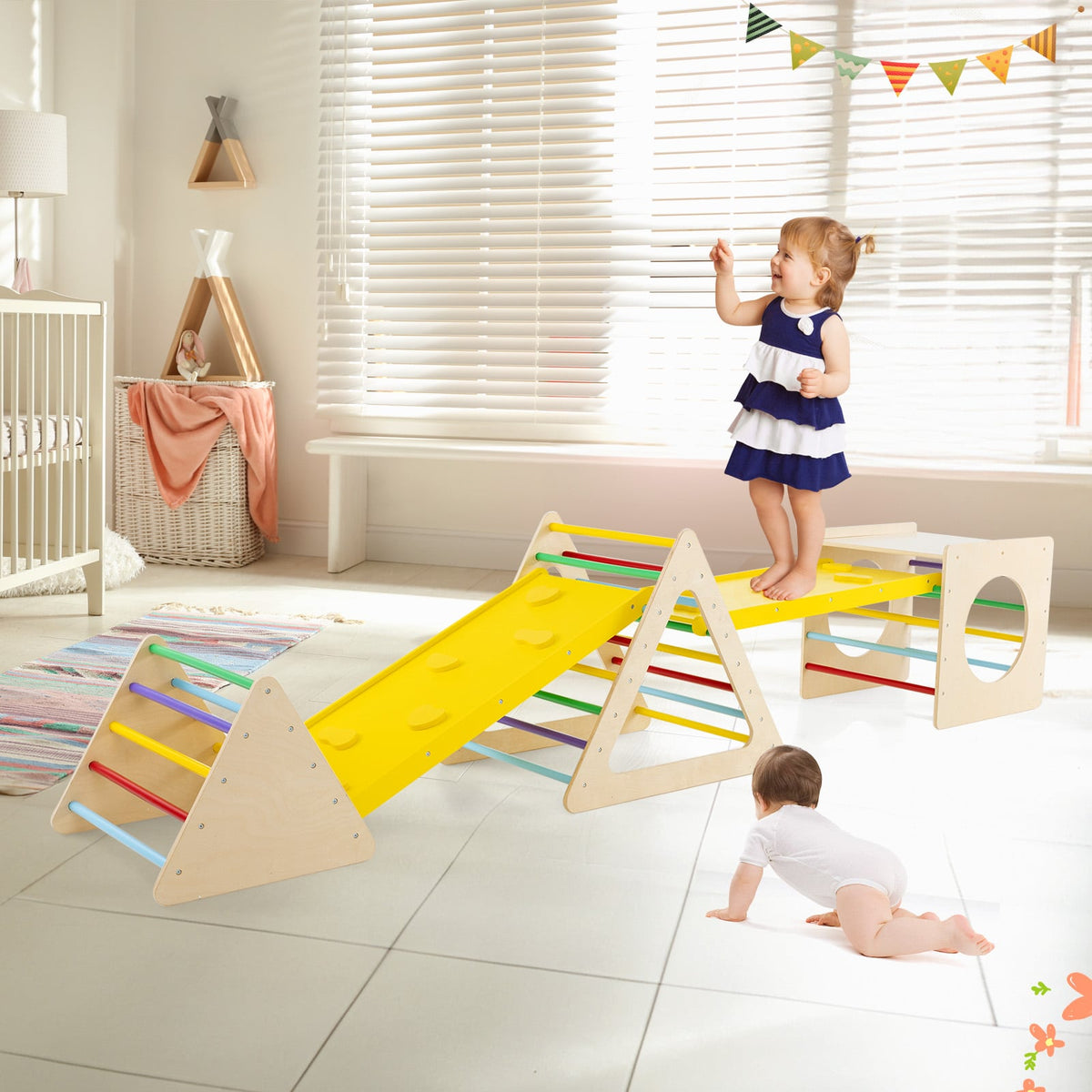 Toddler triangle climber set in a nursery room with two children playing