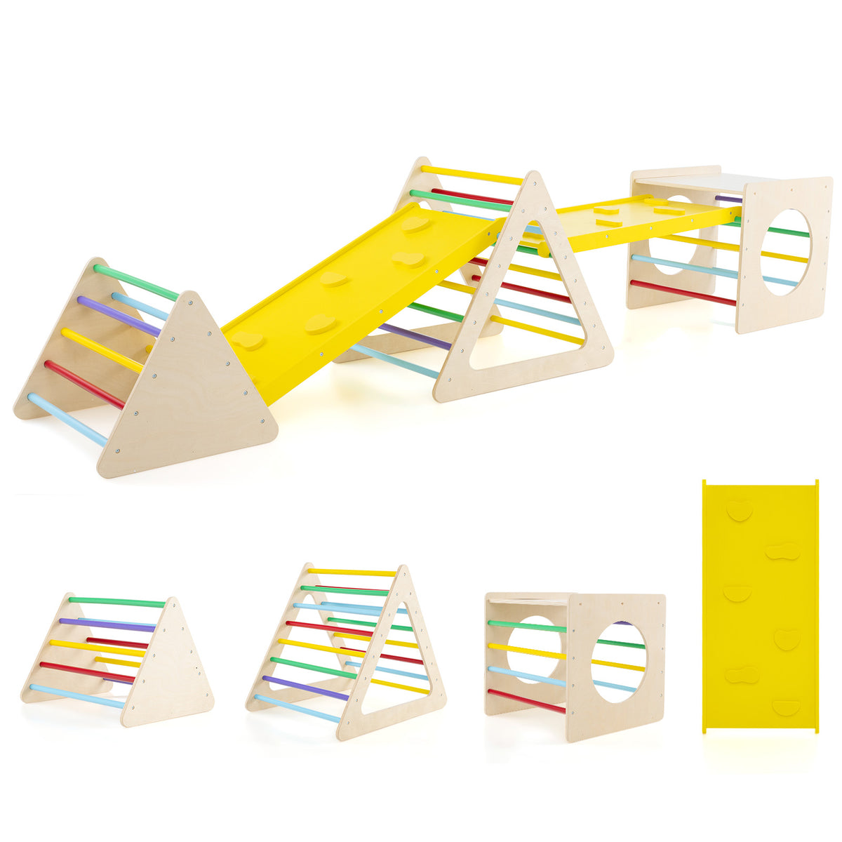 6-in-1 Set of 5 Toddler Triangle Climber with yellow slide and natural wood frame