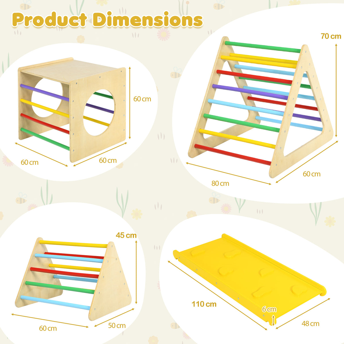 Product dimensions diagram for the wooden climbing frame set