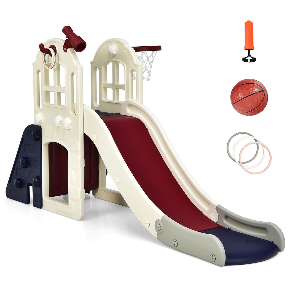 The kids slide set shown with a basketball, pump and rings included as accessories