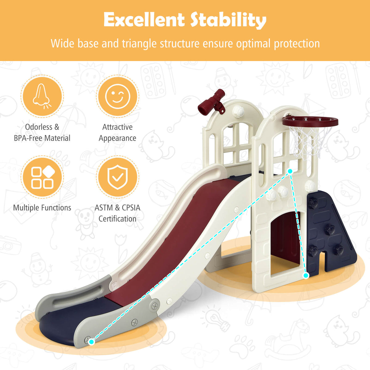 The kids slide set highlighting safety features with icons for stability and material