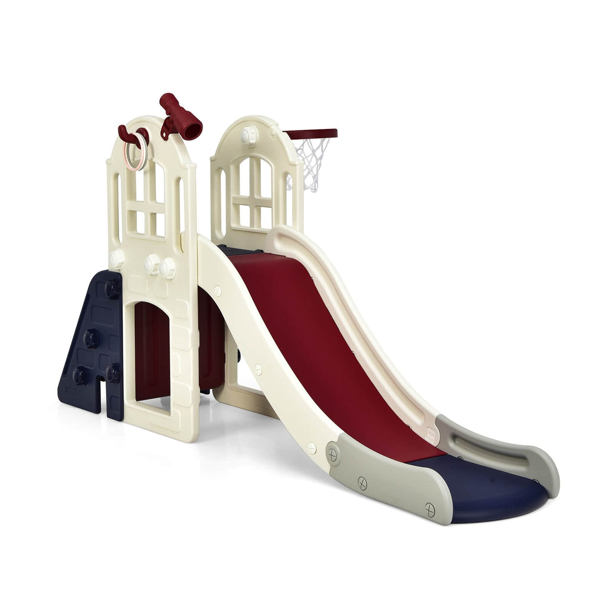 6-In-1 Toddler Climber Slide Playset featuring a red slide, blue steps and a basketball hoop