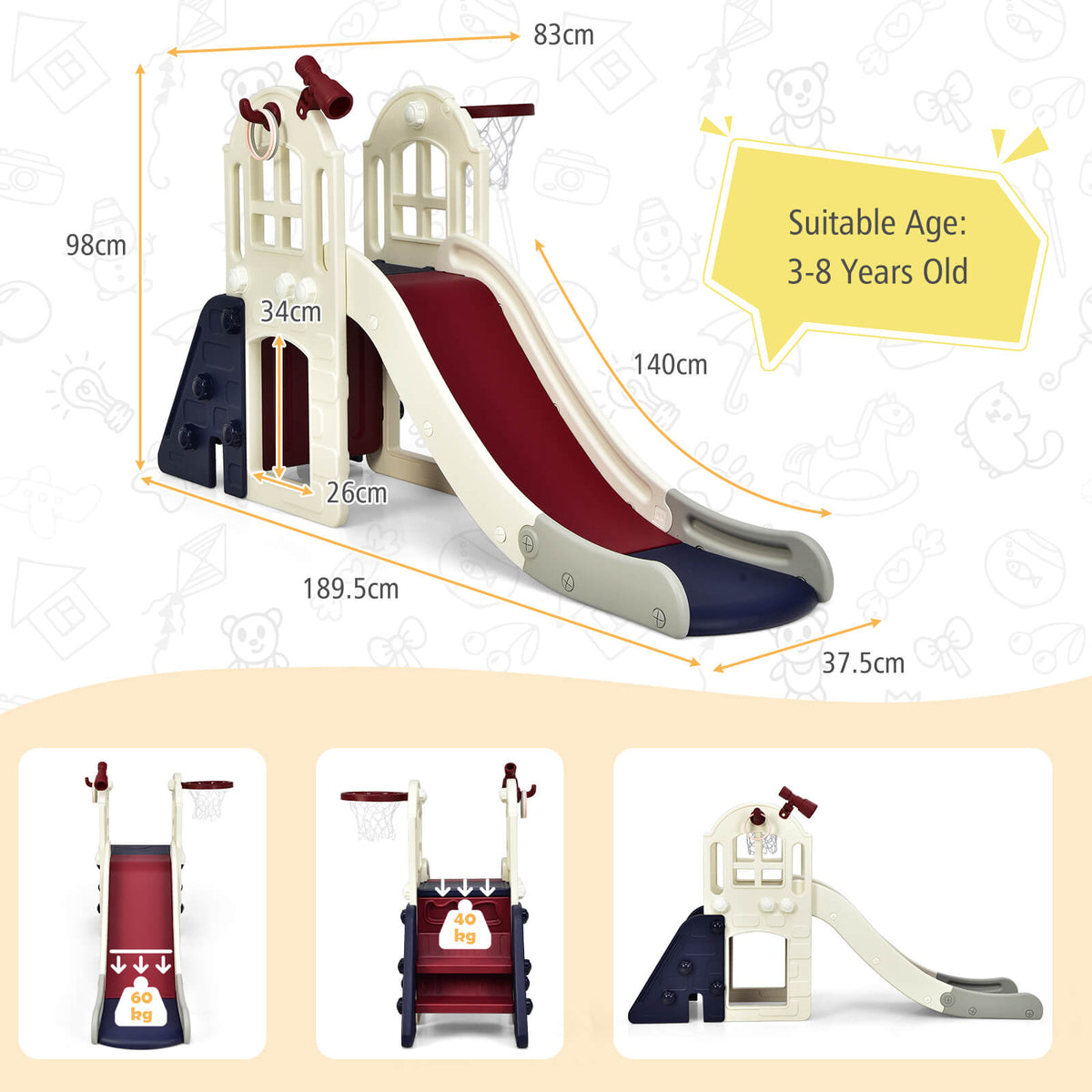 The kids slide set with annotated dimensions and weight capacity diagrams