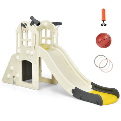 The kids slide shown with a basketball, a pump and rings for the hoop game