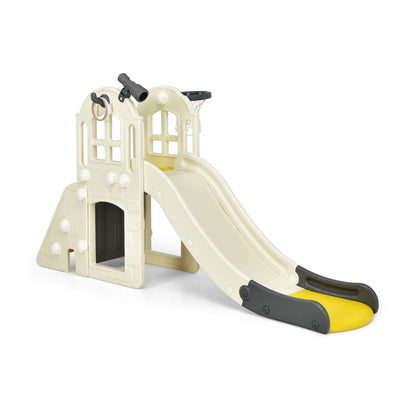 6-In-1 Toddler Climber Slide Playset in yellow and cream with a basketball hoop and telescope