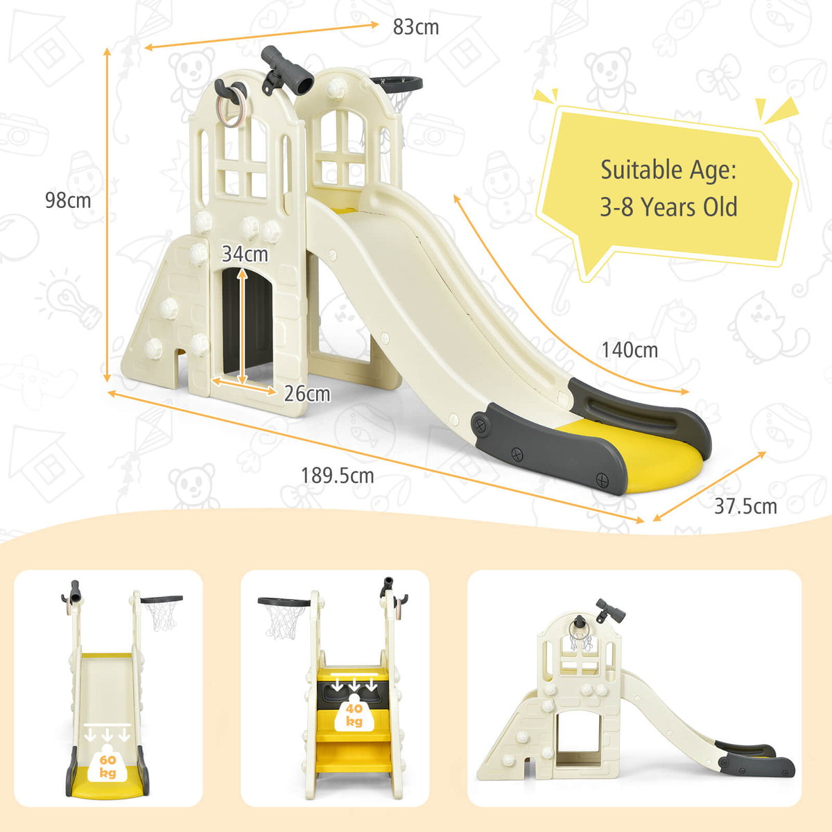 The kids slide with dimension lines and labels showing the size and weight capacity