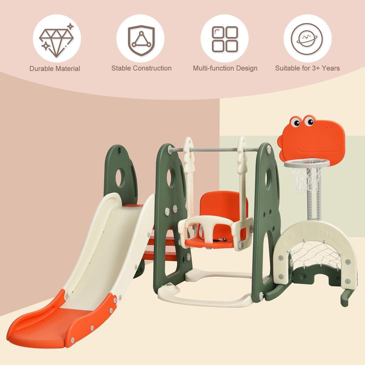 The orange and green kids slide and swing set has durable material and multi-function design