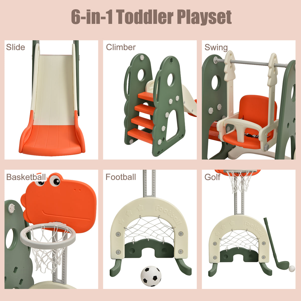 The six functions of the toddler playset are shown: slide, climber, swing, basketball, football, golf