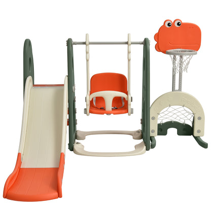 6 in 1 Toddler Slide and Swing Set with orange and green parts and a basketball hoop