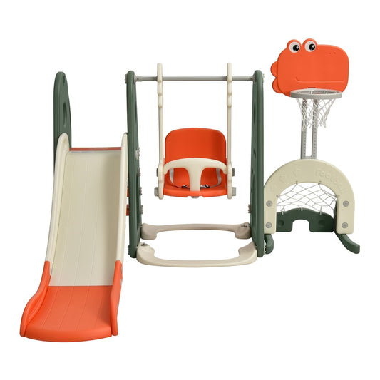 6 in 1 Toddler Slide and Swing Set with orange and green parts and a basketball hoop