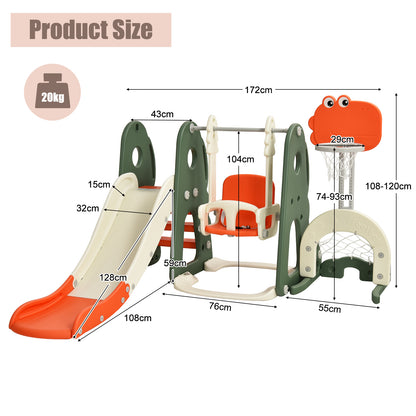 Size diagram of the orange and green kids slide and swing set with dimensions shown