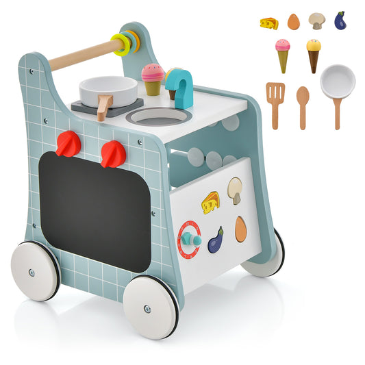 6-in-1 Wooden Baby Stroller Push and Pull Learning Activity Center with various toy food accessories