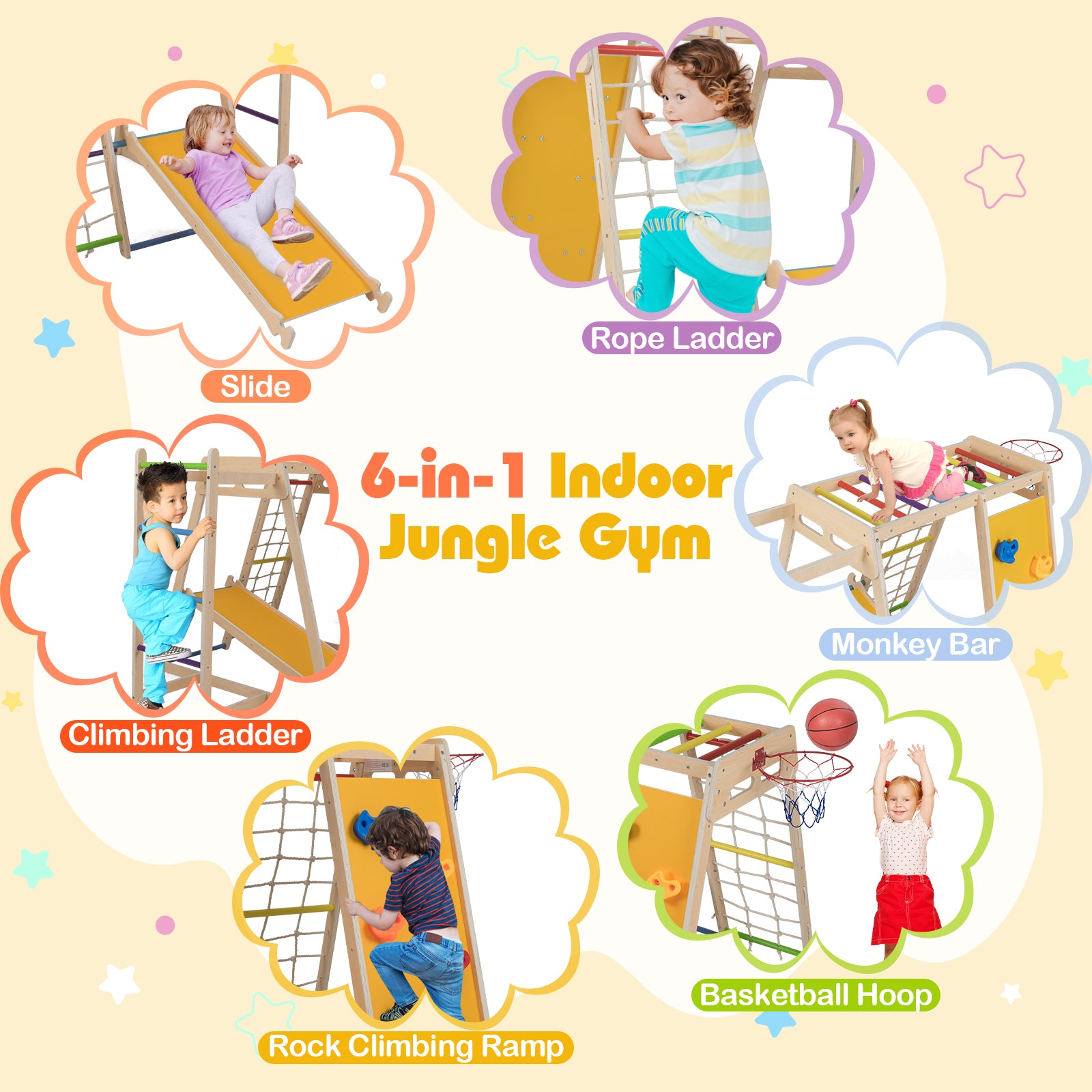 6-in-1 Jungle Gym with Slide and Rock Climbing for 3-14 Years Olds-Rainbow