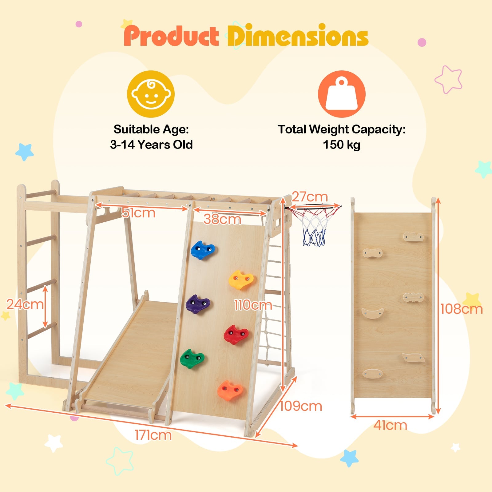 6-in-1 Jungle Gym with Slide and Rock Climbing for 3-14 Years Olds-Macaron