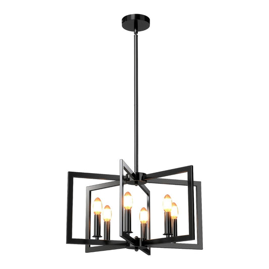 6-Light Black Farmhouse Chandelier with Adjustable Height, a black metal geometric pendant light with six candle-style bulbs