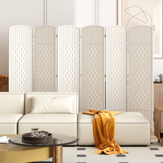 The white 6 panel folding room divider is used to separate a living area with a sofa and coffee table
