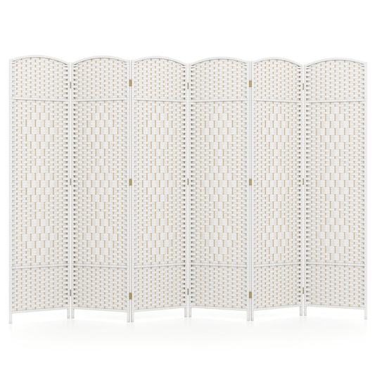 6 Panel Folding Room Divider with hand-woven wicker in white, shown fully open against a white background