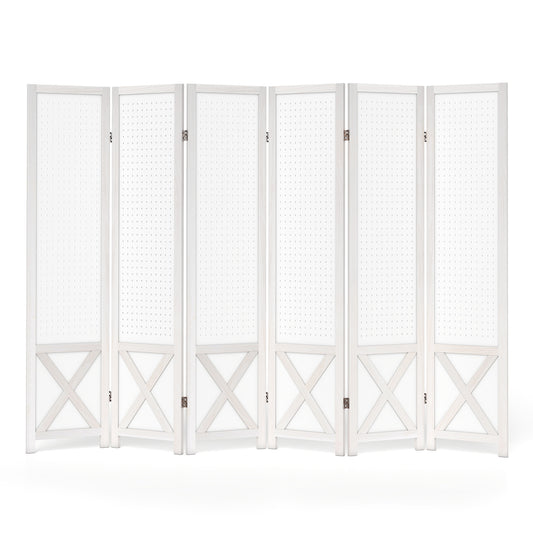 6-Panel Pegboard Room Divider with a solid wood frame and metal hinges, shown freestanding