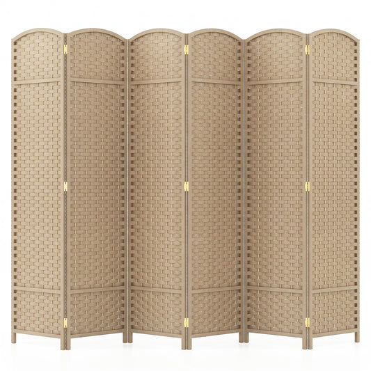 6-Panel Room Divider Folding Privacy Screen with Hand-woven Texture, a beige woven screen unfolded