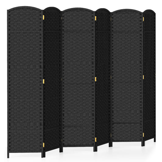 6-Panel Room Divider Folding Privacy Screen with Hand-woven Texture in black standing on white