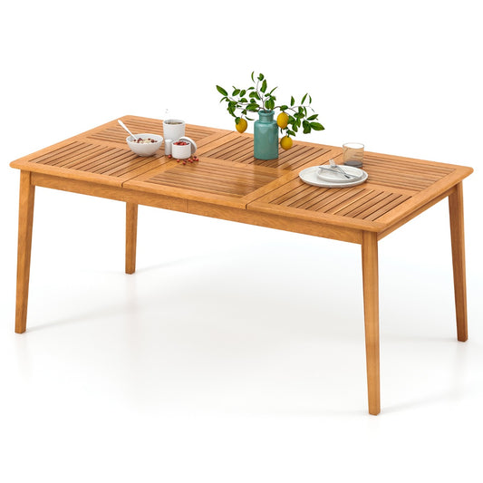 6-Person Outdoor Acacia Wood Dining Table set with plates and a vase on a white background